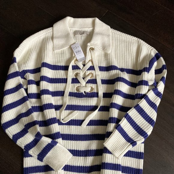 LOFT:  Striped Lace Up Polo Sweater - white/blue - Picture 5 of 9